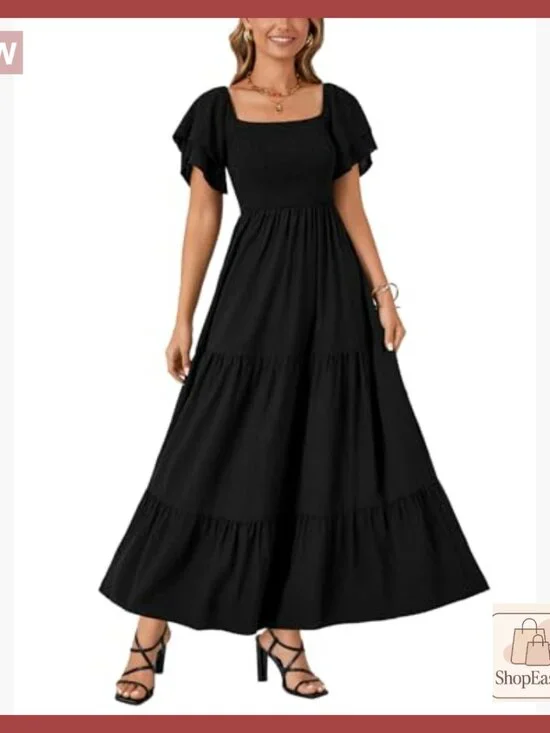 Smocked Midi Dress Square Neck Ruffle Sleeve Tiered Boho Wedding Guest Party - Picture 4 of 7